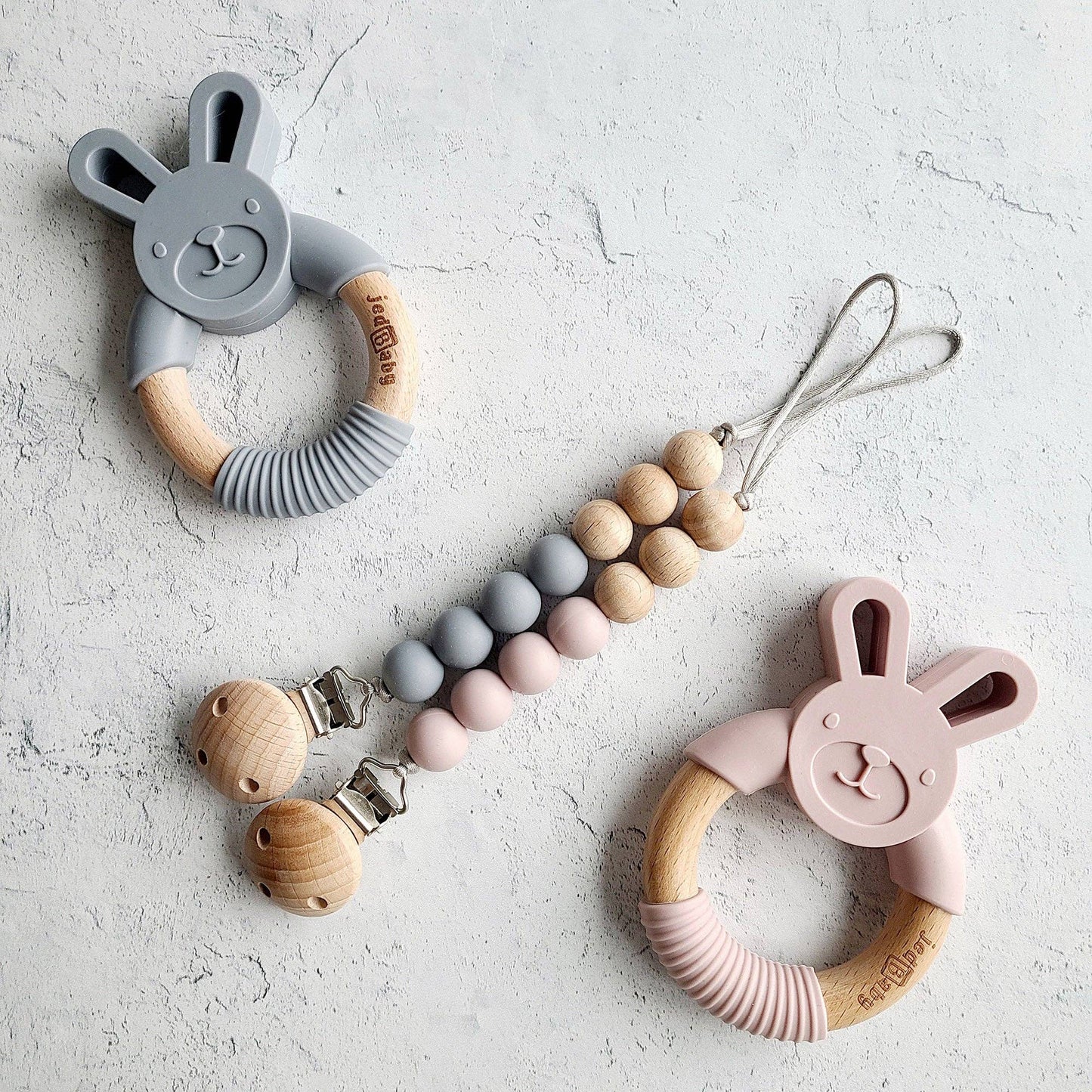 Silicone and Wood Bunny Teether + Pacifier Clip