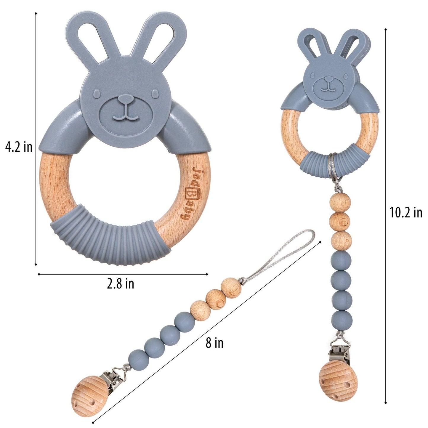 Silicone and Wood Bunny Teether + Pacifier Clip