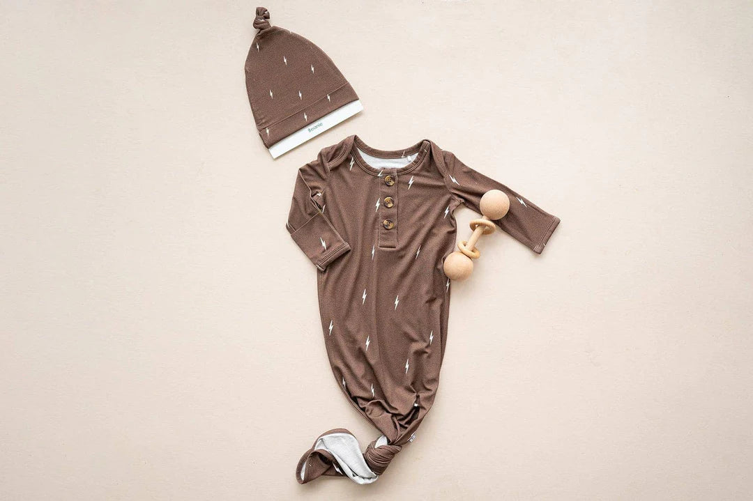 Brown Lightning Baby Knot Gown + Hat Gift Bundle