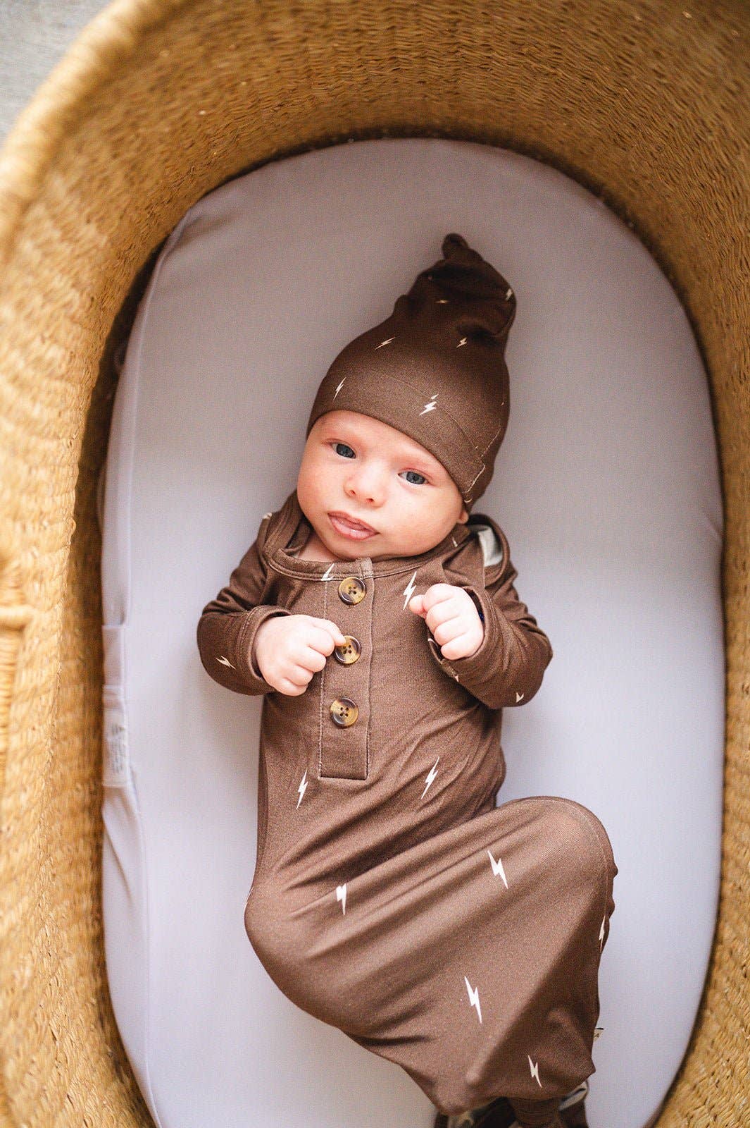 Brown Lightning Baby Knot Gown + Hat Gift Bundle