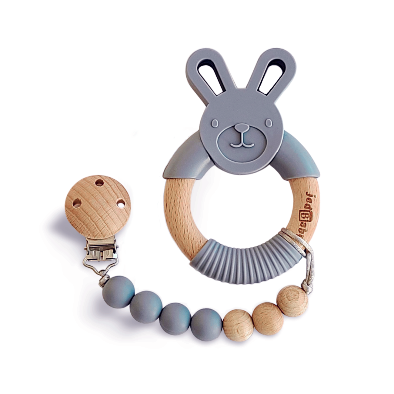 Silicone and Wood Bunny Teether + Pacifier Clip