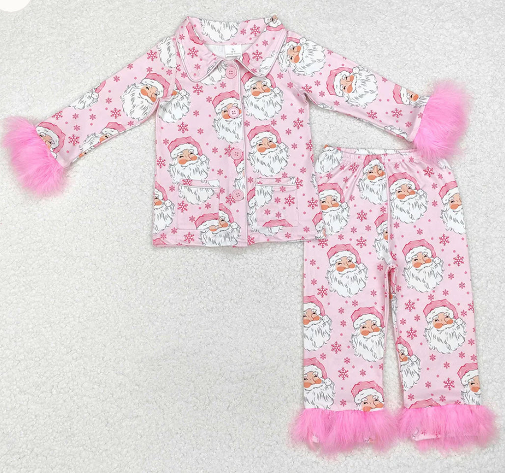 Girls Christmas Pink Santa Fur Trim Pajamas PreOrder