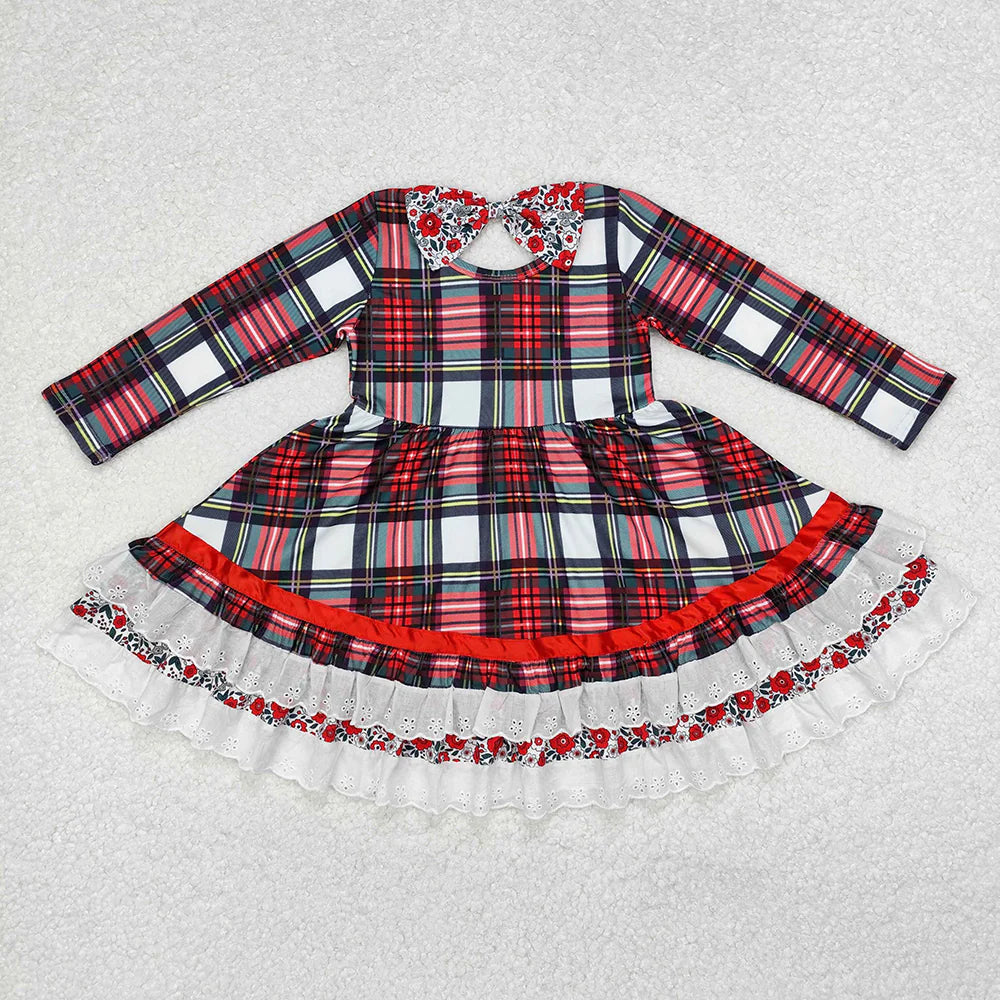 Girls Christmas Green Red Checkered Ruffle Knee Length Dresses