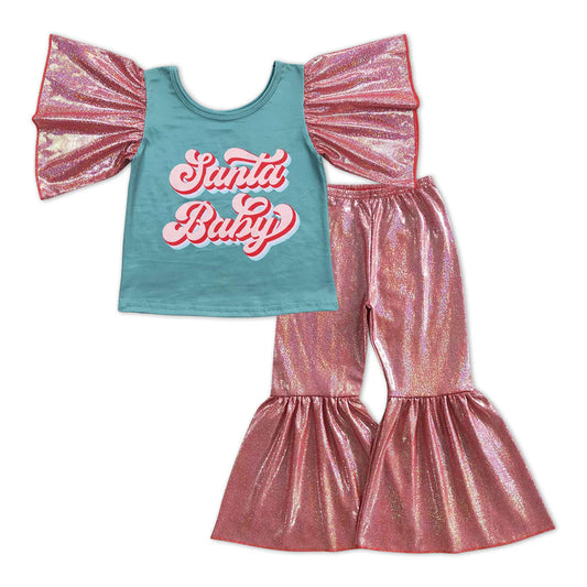 Santa Baby Girls Flutter Sleeve Shirt Sparkle Bell Pants Preorder