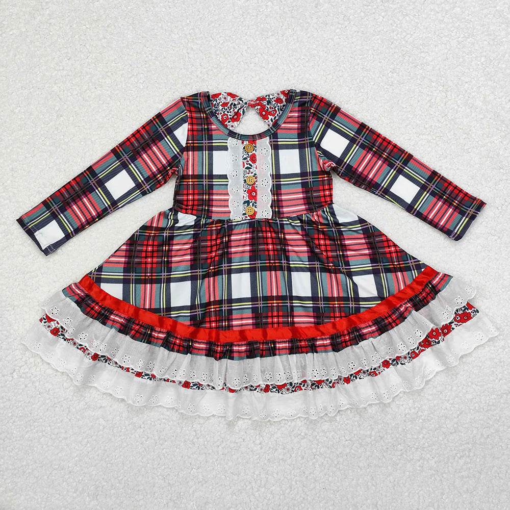 Girls Christmas Green Red Checkered Ruffle Knee Length Dresses