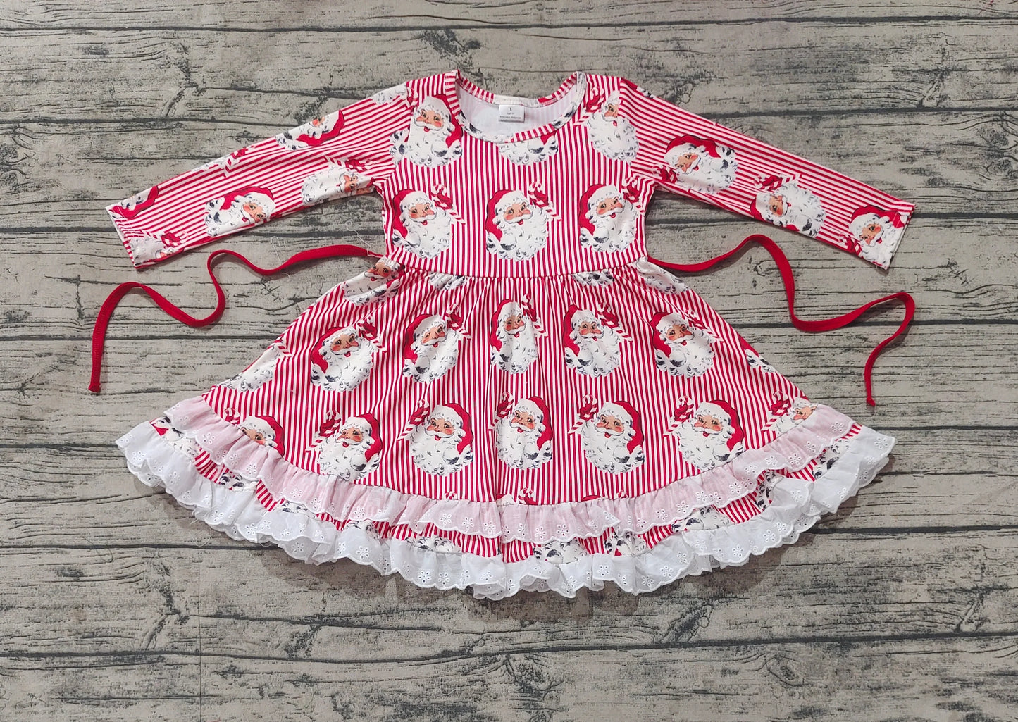 Girls Christmas Stripes Santa Ruffles Knee Length Dresses Preorder