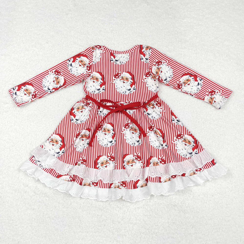 Girls Christmas Stripes Santa Ruffles Knee Length Dresses Preorder