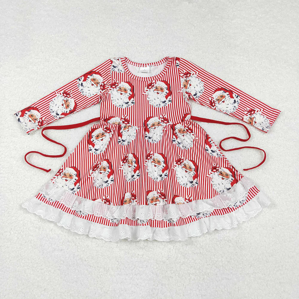 Girls Christmas Stripes Santa Ruffles Knee Length Dresses Preorder