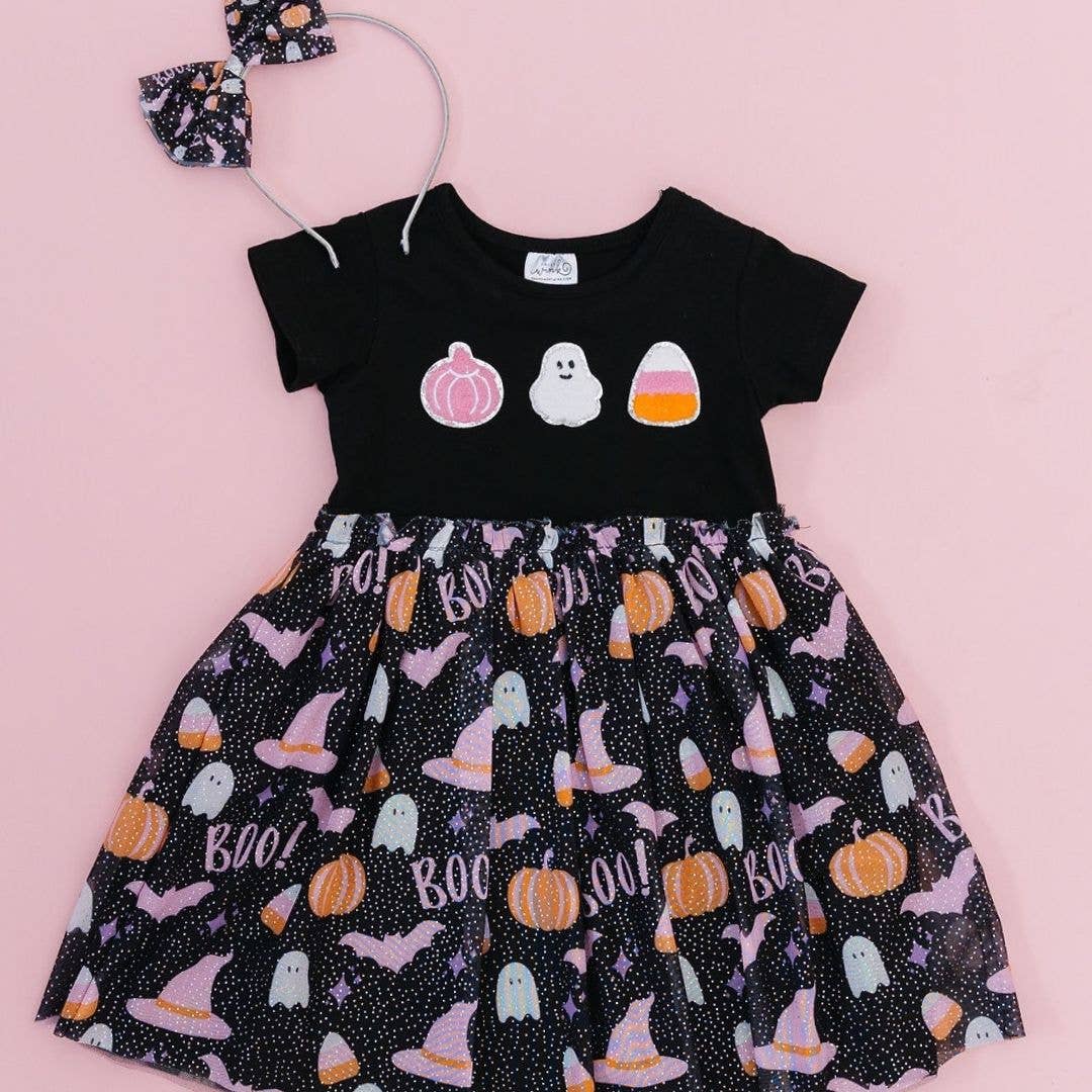 Boo Halloween Short Sleeve Tutu Dress - Kids Halloween Dress