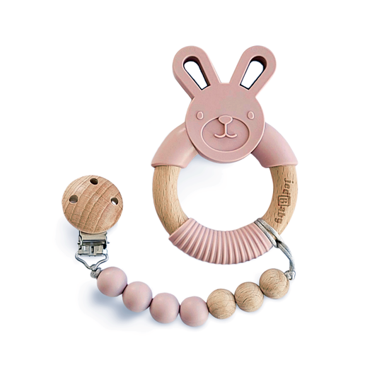 Silicone and Wood Bunny Teether + Pacifier Clip